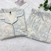 睡衣套装 155 秋冬加厚100%纯棉带胸垫蓝色水墨画女士长袖 家居服