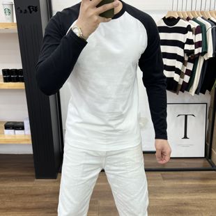 长袖 修身 春夏季 T恤圆领撞色百搭上衣纯棉体恤打底衫 潮牌 新款 男士