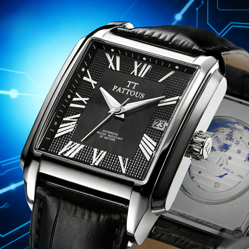 百陀士长方形男士手表自动机械表夜光防水腕表日本机芯黑表盘男表