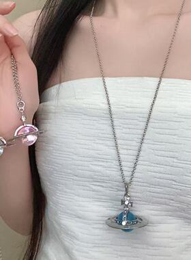 太后大号土星吊坠项链水钻镶嵌立体飞碟长款毛衣链时尚气质项饰