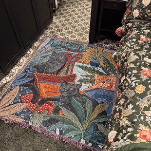 俄罗斯艺术家油画风高饱和设计毯子复古绿氛围感猫咪挂毯休闲毯