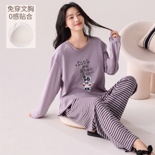 卡通女孩子睡衣秋冬款带胸垫纯棉长袖圆领女生可外出睡衣春秋套装