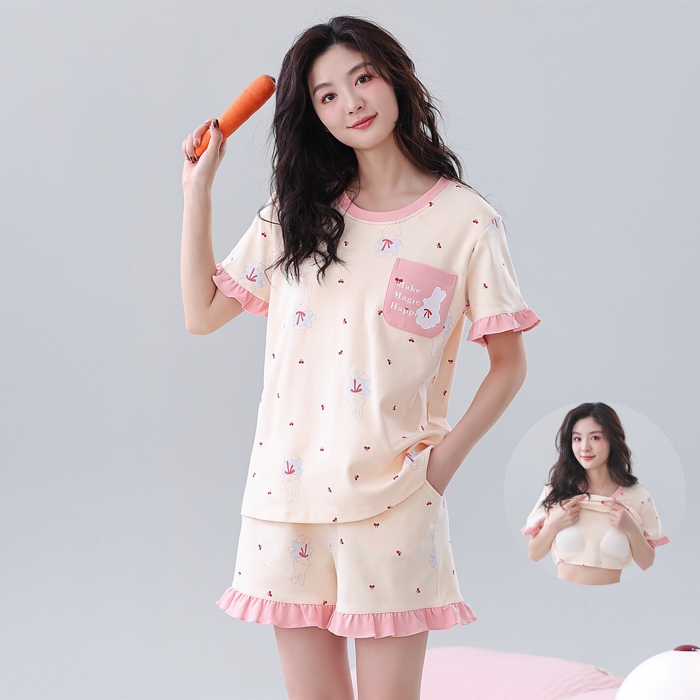 夏天短袖带胸垫的睡衣女款短裤套装可外穿薄款莫代尔棉荷叶袖睡衣