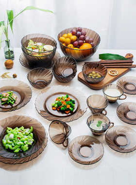 DURALEX多莱斯钢化玻璃碗盘碟家用菜盘杯子耐高温轻奢餐具套装