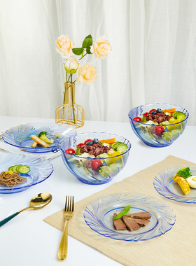 法国进口Duralex螺纹钢化玻璃餐具家用高颜值碗盘碟浅蓝色6件套