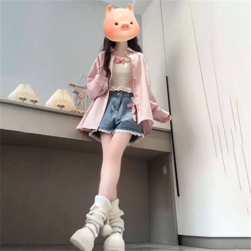 韩系穿搭一整套学院风粉色防晒衬衫女学生叠穿蝴蝶结吊带牛仔短裤