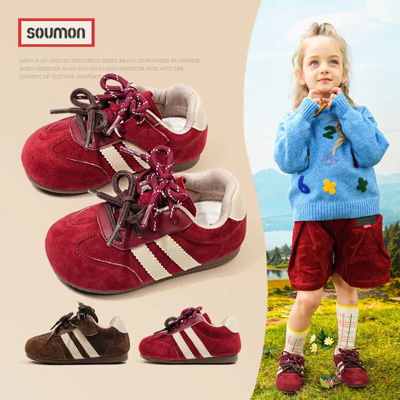 书萌童鞋春秋款真皮男小童运动板鞋平底复古女童德训鞋防滑宝宝鞋