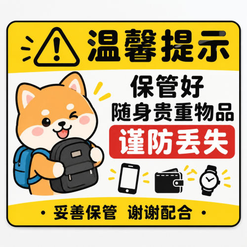 温馨提示牌保管好随身贵重物品谨防丢失妥善保管不干胶贴纸
