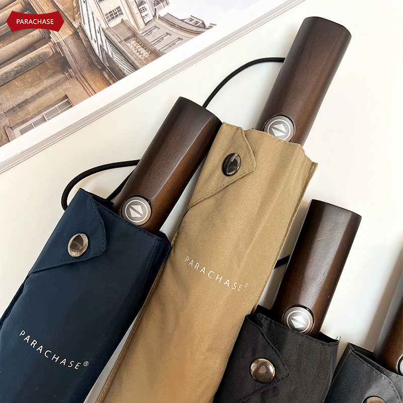 parachase复古风112cm实木纯色自动伞三折强加固抗风速干晴雨伞大