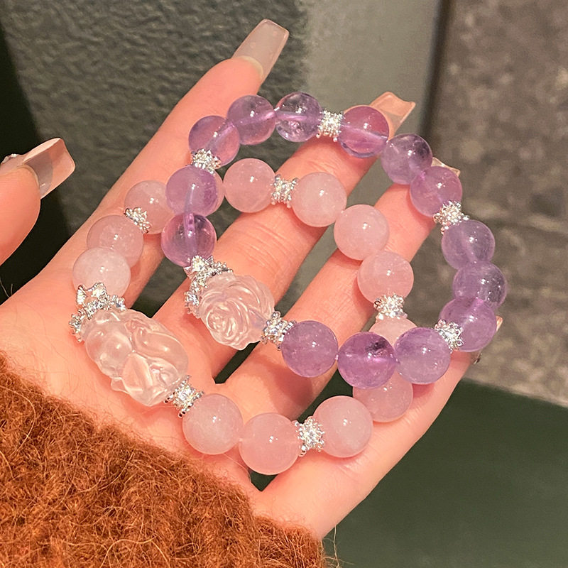 天然粉晶紫水晶九尾狐大颗粒手链