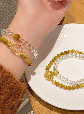 接财神~新中式古风汉服配饰天然金虎石双圈手串女几何黄水晶手链