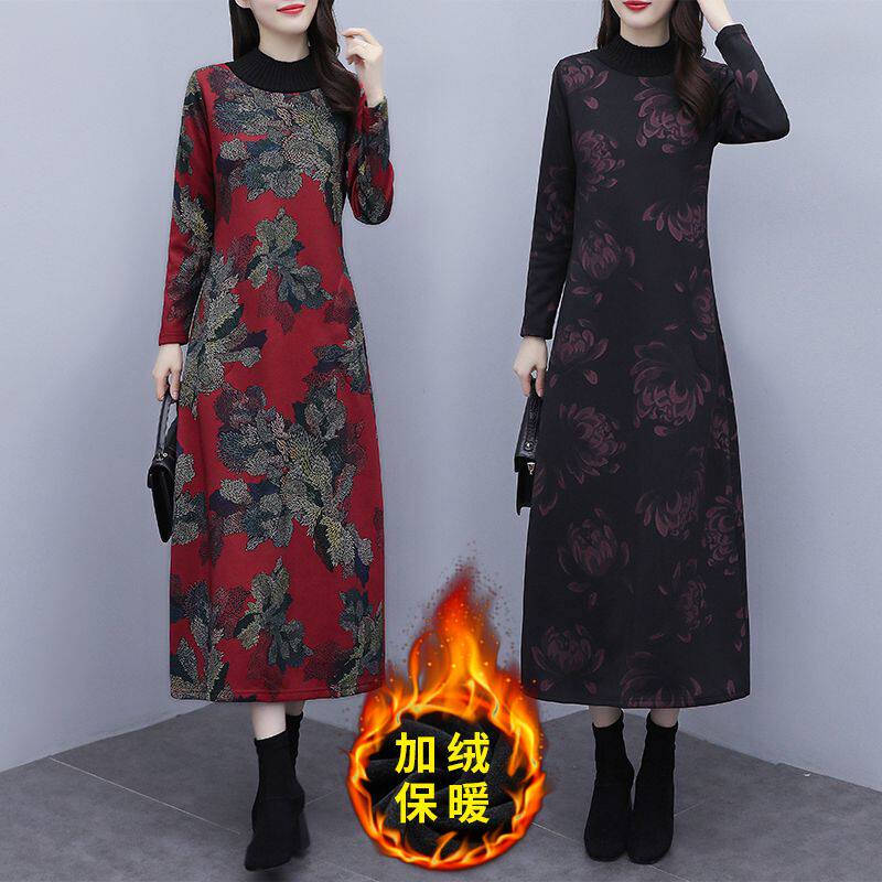 阔太太中老年加绒连衣裙女秋冬季加厚保暖冬季打底妈妈装过膝长裙