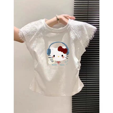 女中大童T恤拼接蕾丝短袖新款夏季儿童修身短款洋气打底衫上衣潮