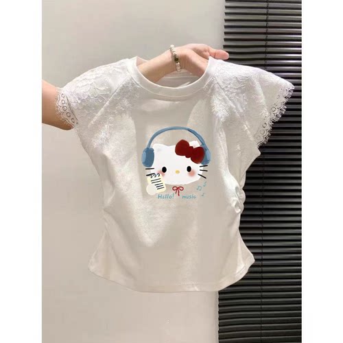 夏季女童拼接蕾丝短袖T恤打底