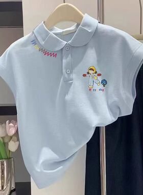 女中大童纯棉洋气可爱简约翻领polo衫无袖休闲T恤外穿薄上衣百搭