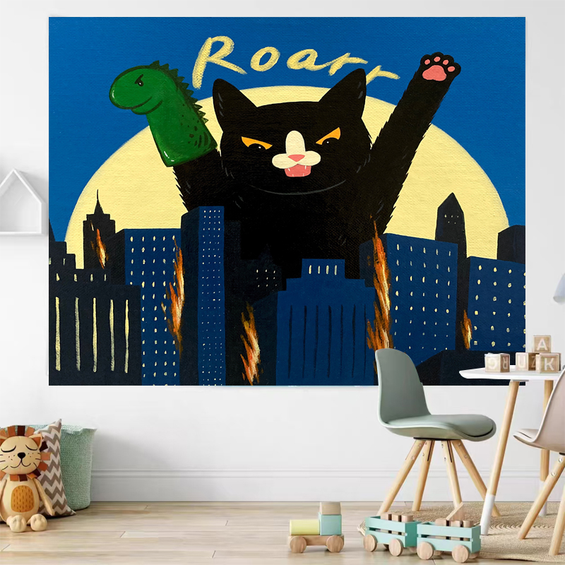 ins轻奢风黑猫挂布卡通动漫插画背景布寝室装饰墙布卧室床头挂毯