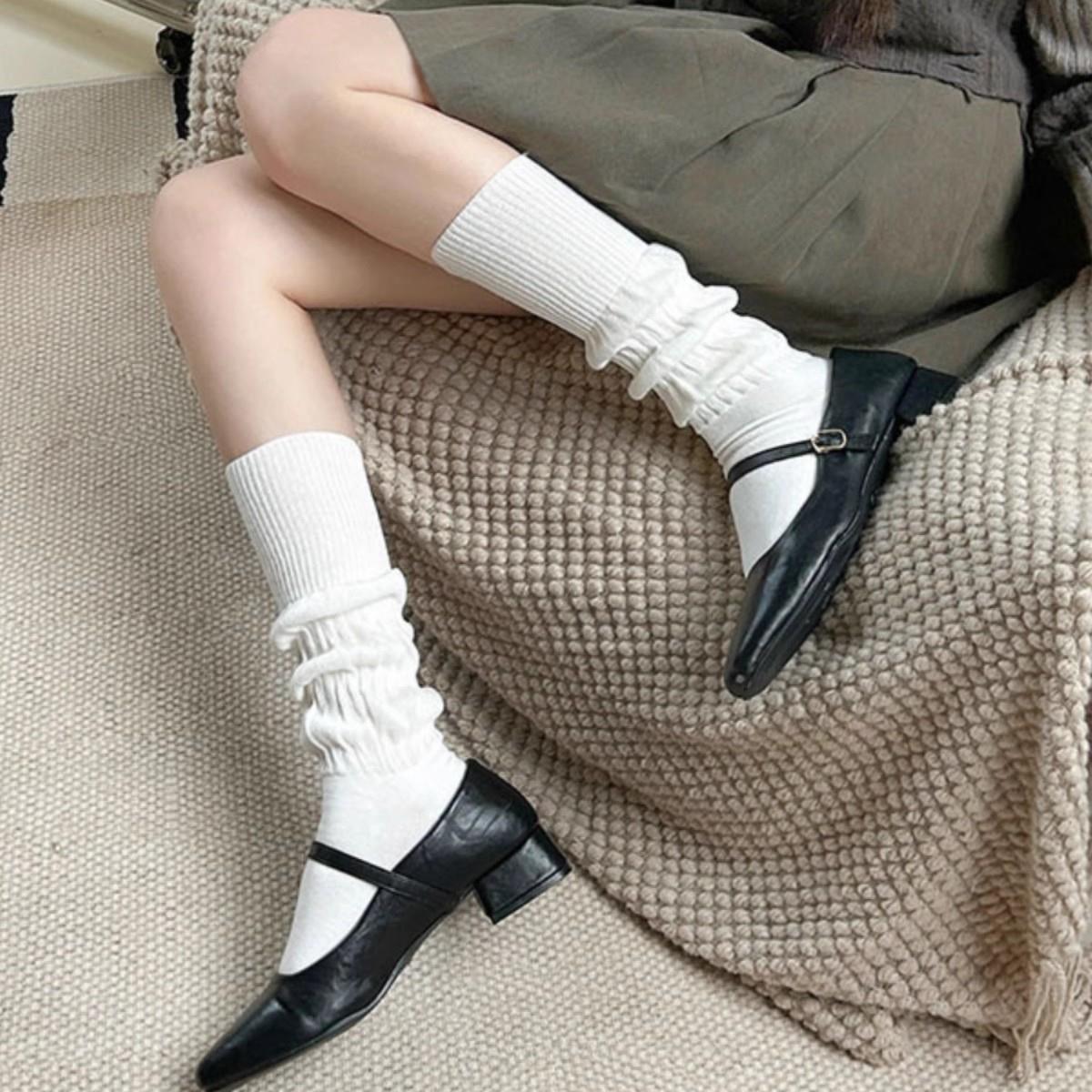 秋冬新款白色小腿袜女百搭日系jk纯色堆堆袜ins潮流褶皱扭扭设计