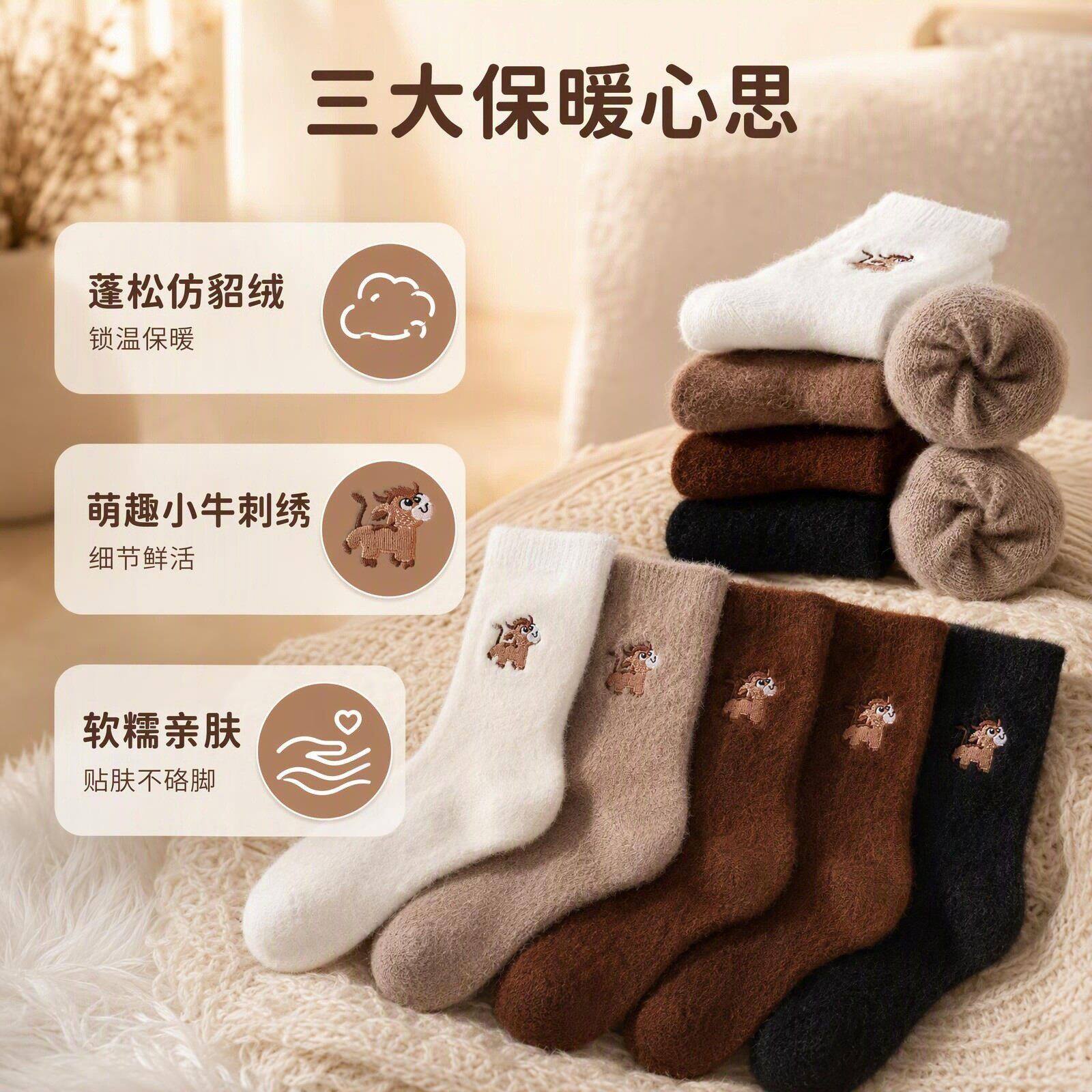 秋冬毛绒中筒袜女可爱小牛刺绣保暖加厚毛绒居家地板睡眠袜子
