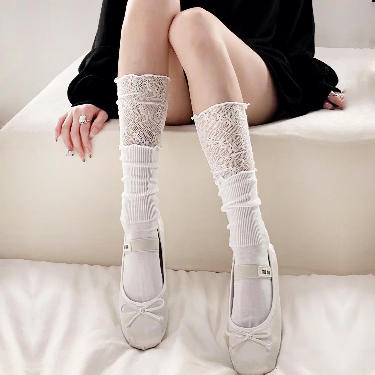 蕾丝花边袜木耳边堆堆袜甜美芭蕾风网纱拼接中筒过膝袜日系jk棉袜