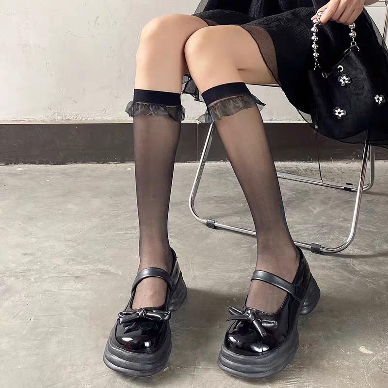 木耳边花边袜子女夏蕾丝中筒白色丝袜洛丽塔半筒薄款jk小腿袜