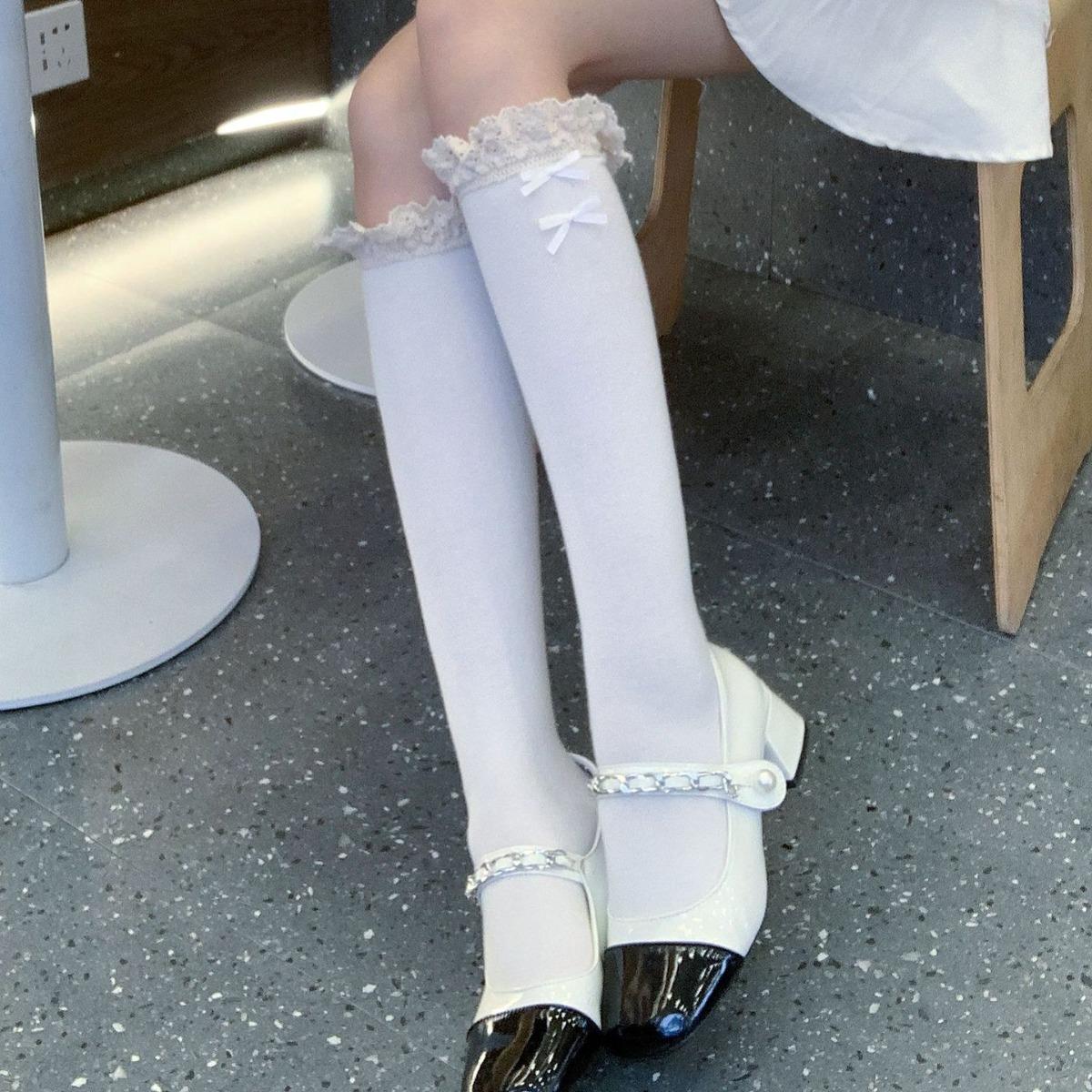 白色袜子女秋冬中筒袜蕾丝花边小腿袜日系JK袜可爱蝴蝶结堆堆袜棉