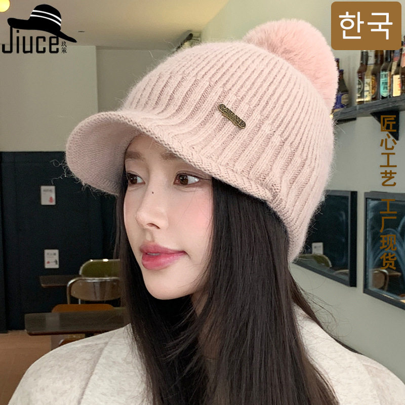 冬季新款兔毛鸭舌棒球帽女韩国感加绒毛球毛线帽高品质针织帽