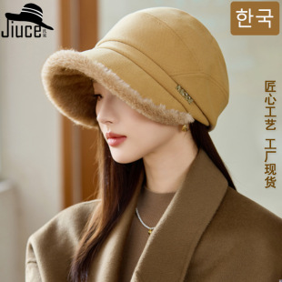 冬季新款加厚渔夫帽女韩国东大门加绒护耳拼接鸭舌帽百搭保暖盆帽