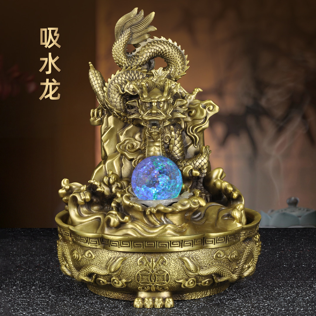 纯黄铜龙摆件招财聚宝盆龙吐水流水摆件家居客厅玄关办公室装饰品