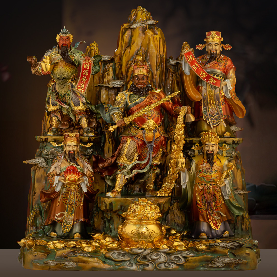 全铜珐琅彩五路财神摆件招财文武财神王亥赵公明柴荣比干关公供奉