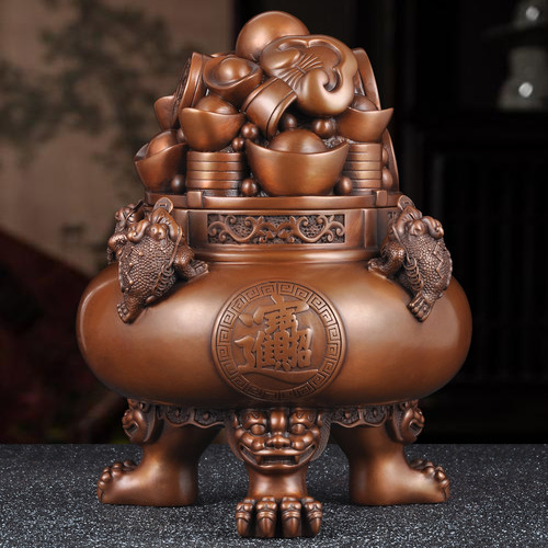 紫铜金蟾聚宝盆摆件招财元宝开盖