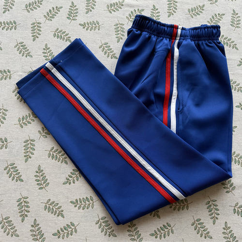 中小学生光滑面料宝蓝色拼白红条直筒校裤春两道杠白红杠校服裤子