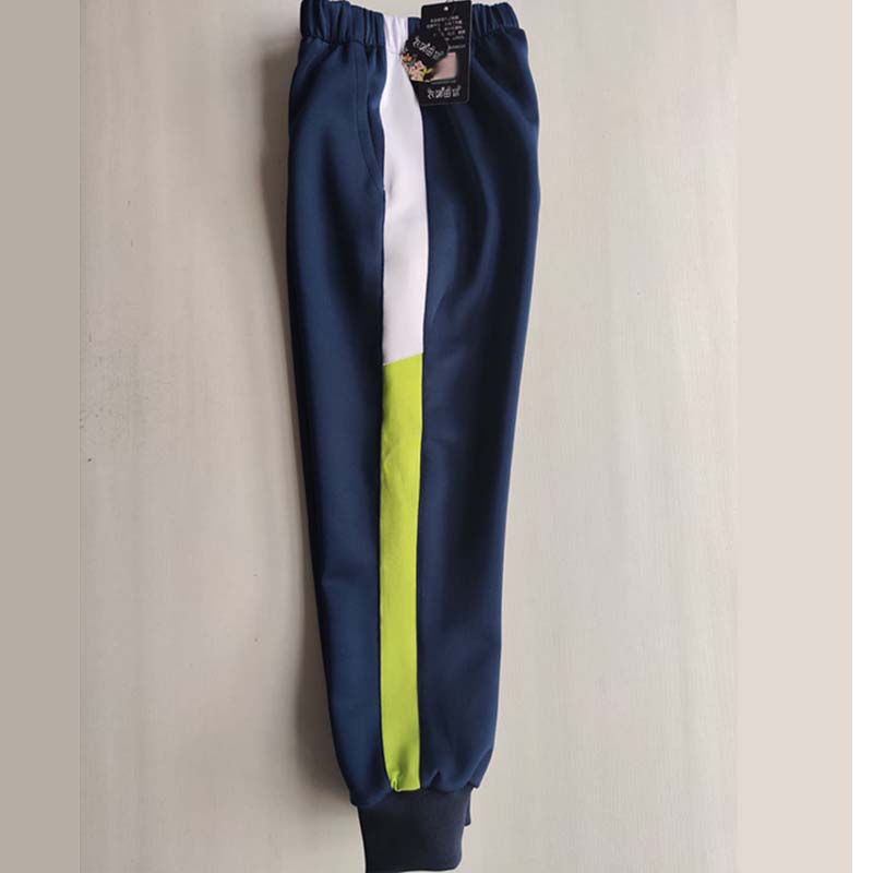 吉林通化定做校服裤子藏蓝藏青高腰束脚长裤拼宽白荧光绿浅绿宽杠