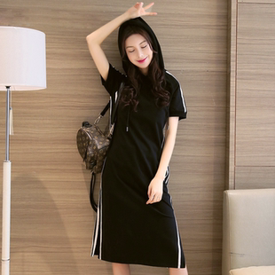 三道杠连衣裙连帽卫衣裙加肥加大码夏装女中长款开叉休闲长款大衫