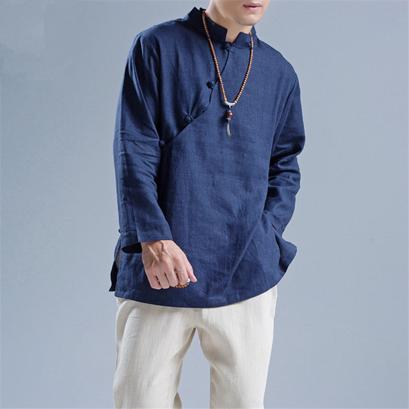 中国风夏秋薄款亚麻布斜襟立领盘扣男式改良汉服唐装长袖上衣衬衫