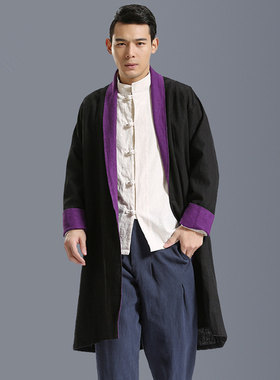 中年男士大码禅修服棉麻开衫道袍