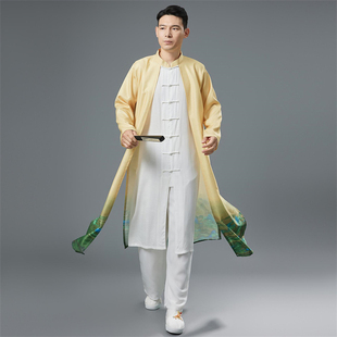 中国风男复古长衫 演出服服工作服民族风飘逸花色棉 盘扣假两件长款