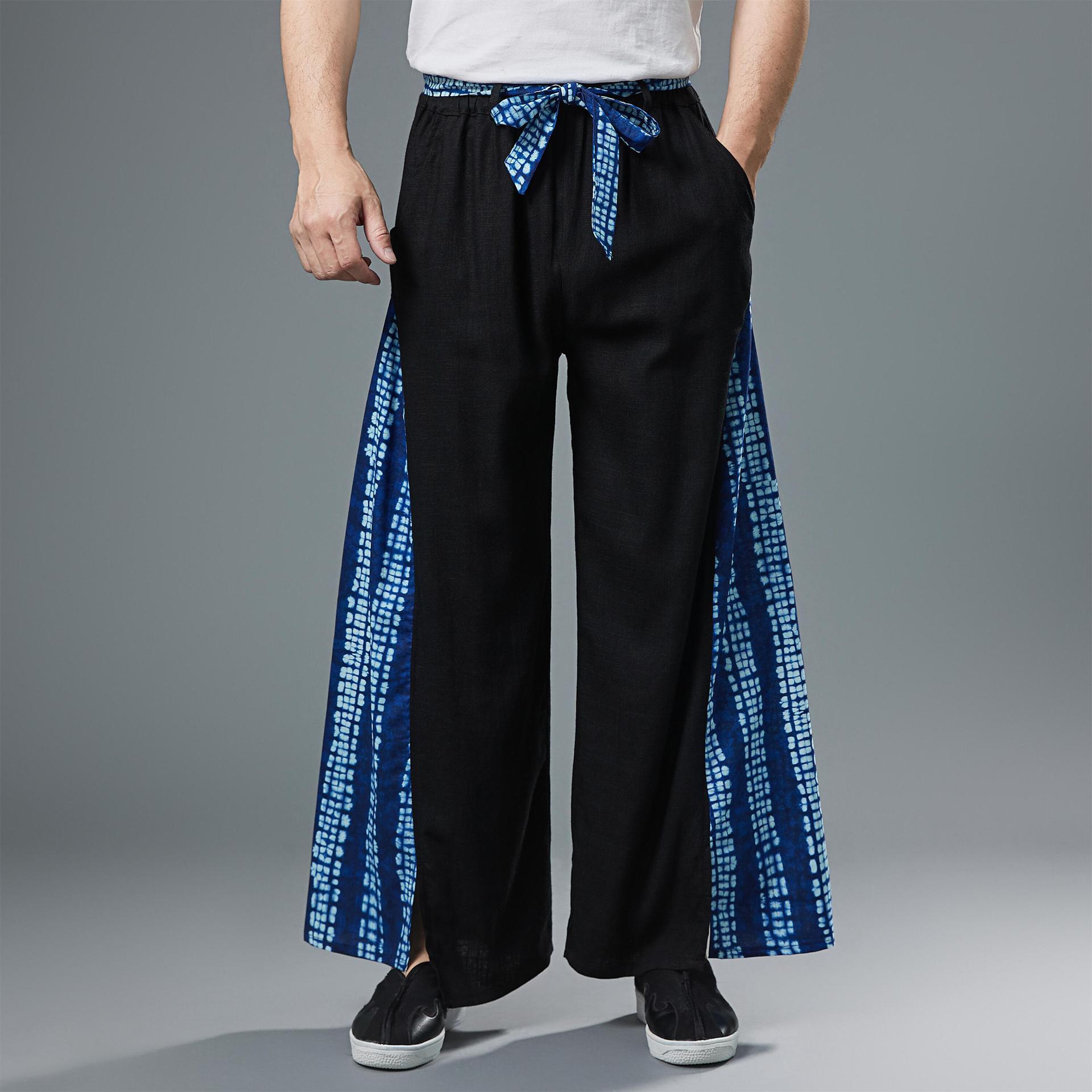 夏季拼花阔腿裤中国风复古休闲裤