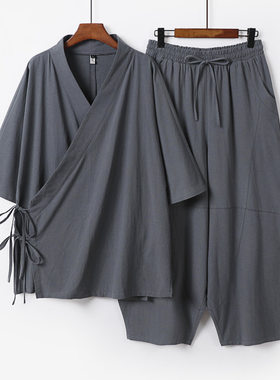 大码棉麻唐装汉服七分袖短袖套装
