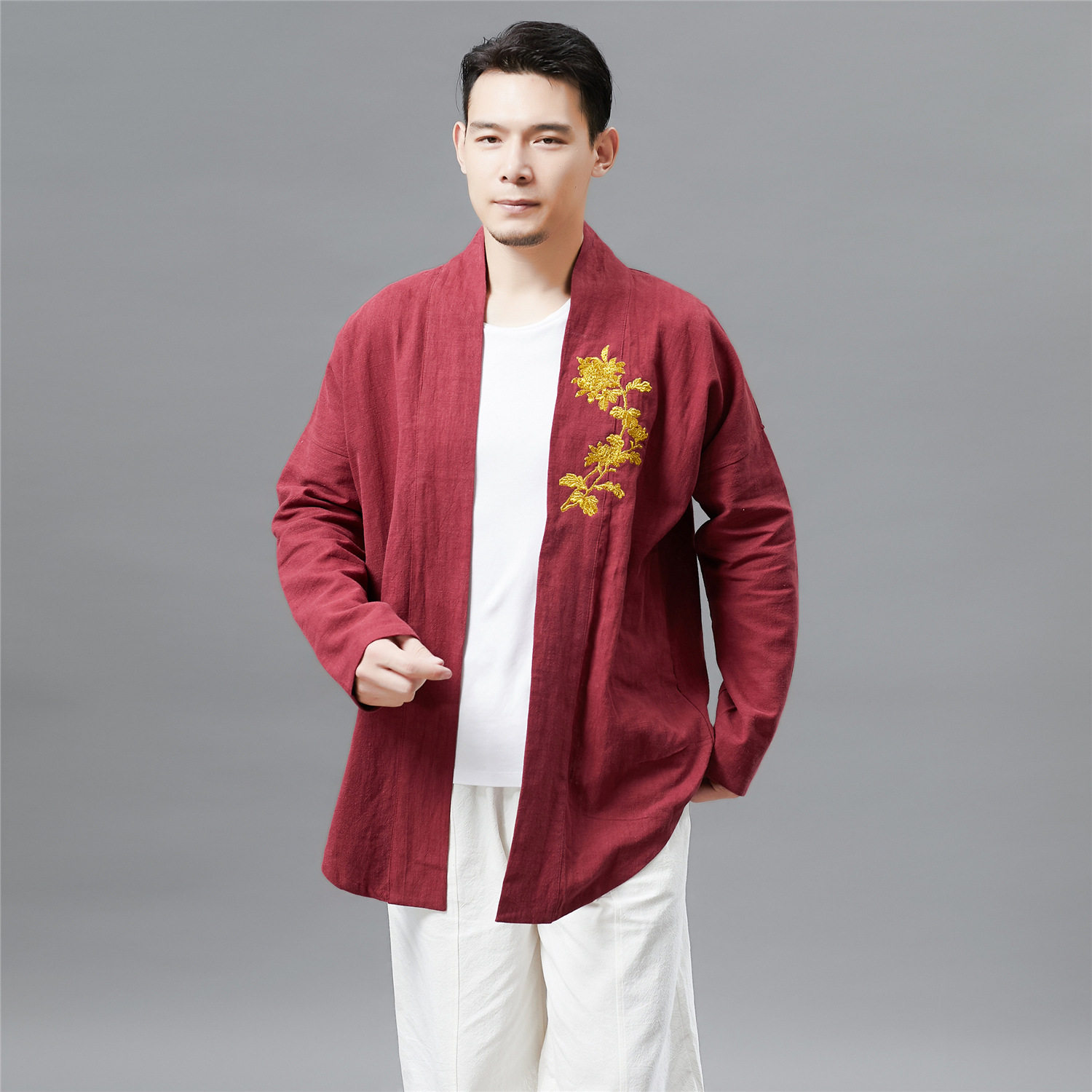 秋季中国风绣金钱花开衫 复古民族风男式衬衫长袖立领无扣开衫款,男装,汉服,淘宝优惠券,粉丝福利购,淘宝优惠卷