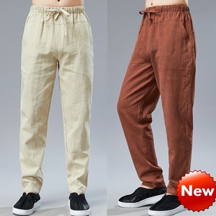 新款 柔软款 洗水麻直筒男式 透气中腰抽带小脚裤 休闲裤 春秋季
