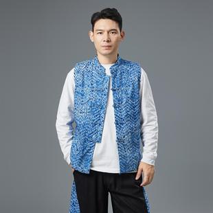 复古棉麻布扎染图案马甲盘扣对襟棉布马夹中国风男装春秋夏款背心