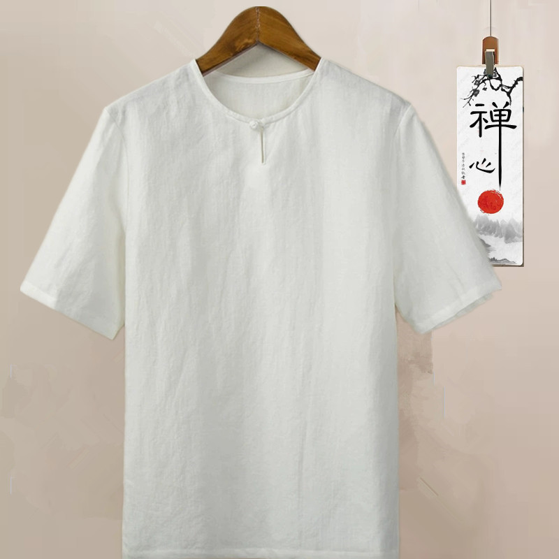 夏季中国风圆领亚麻短袖T恤衫男