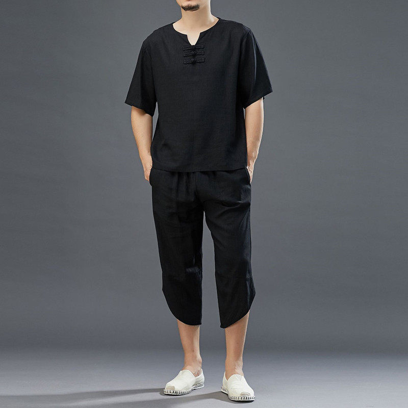 중국 유행 여름 신작 솔리드 컬러 V 넥 반팔 티셔츠 탑 반바지 코튼 린넨 캐주얼 스포츠 슈트 세트