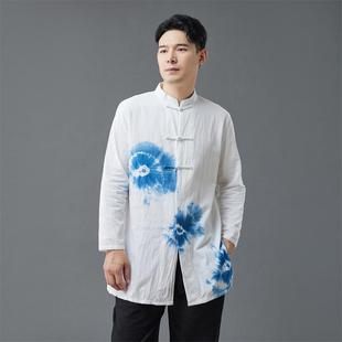 上衣中国风休闲复古唐装 棉麻衬衫 男士 手工扎染中长款 汉服 盘扣长袖