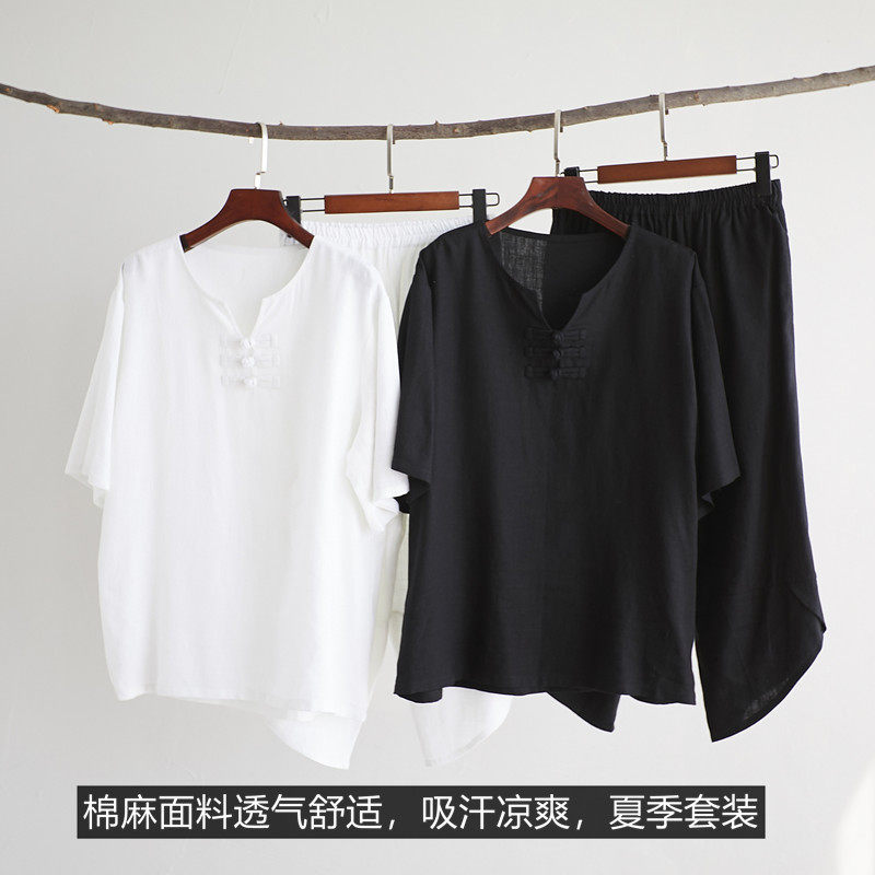 중국 유행 여름 신작 솔리드 컬러 V 넥 반팔 티셔츠 탑 반바지 코튼 린넨 캐주얼 스포츠 슈트 세트