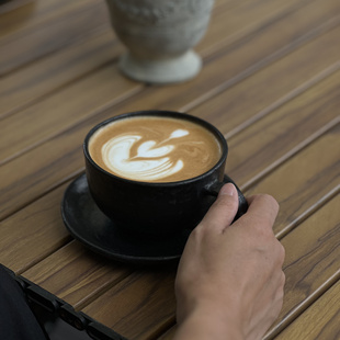 几多黑陶藏区圆底耳杯咖啡杯拿铁杯牛奶杯（两种垫盘）260ML