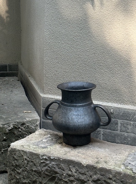 几多黑陶手作双耳花器陶罐摆件高度23CM