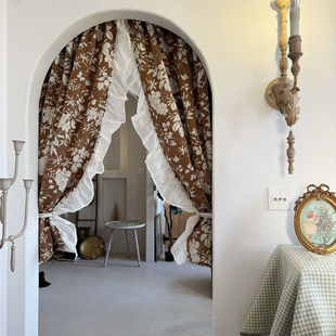 半亩秋藤美式复古提拉焦糖咖啡门帘窗帘半帘穿杆免打孔可定制粘贴