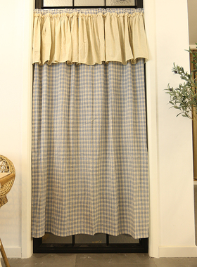 鸢尾乡旅天蓝线格子美式乡村棉麻窗帘门帘定制帘免打孔穿杆带幔