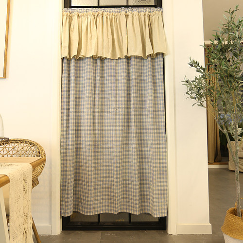 鸢尾乡旅天蓝格子棉麻免打孔窗帘